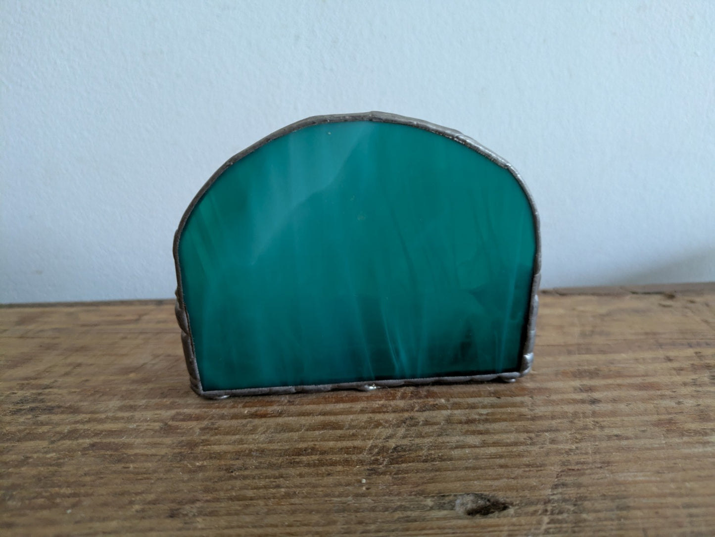 Handmade Stained Glass Business Card Holder Teal Green Leaded Rack Decor Gift 