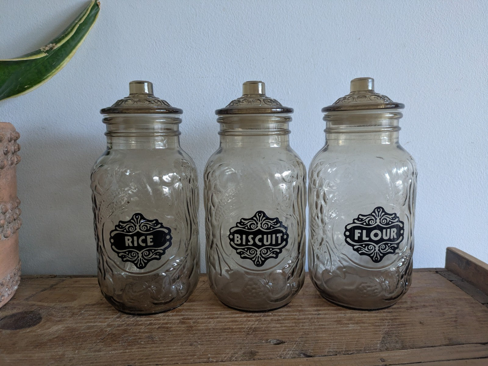 Trio of Vintage Italy Glass Jars Fruit Pattern Smoked Stick On Labels Cannister