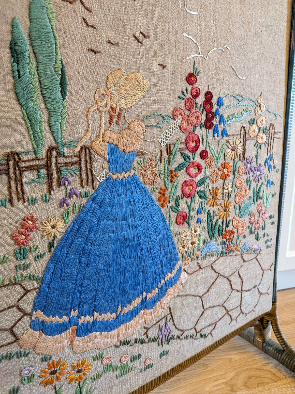 Vintage Art Deco Crinoline Lady Embroidery Fire Screen Retro Kitsch Needlepoint 