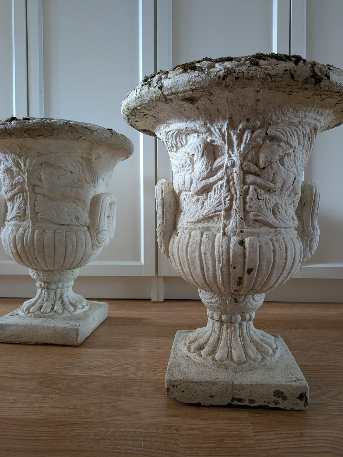Pair Reclaimed Classical Medici Garden Urn Planter Cast Stone Handles Weathered