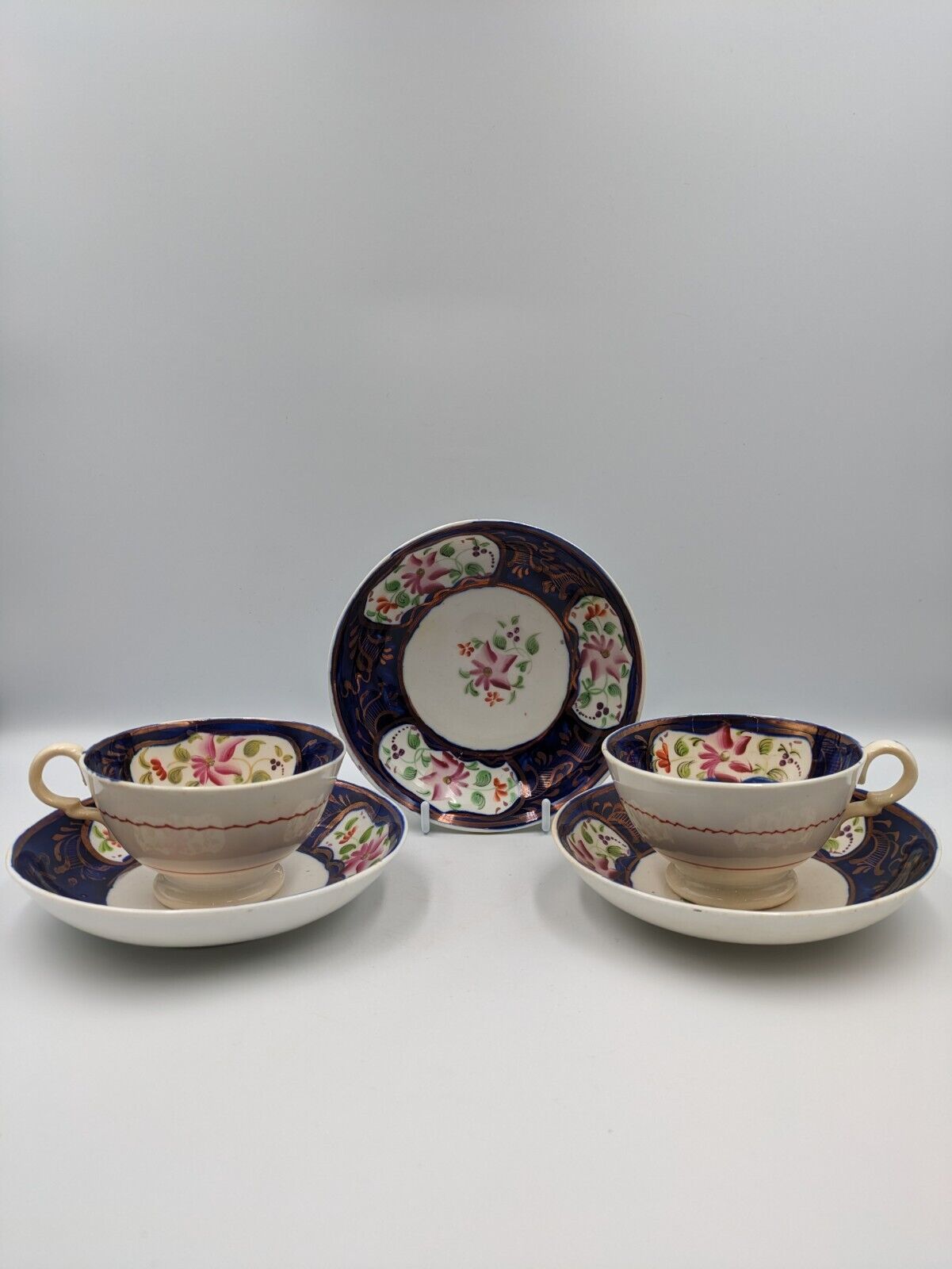 ANTIQUE Mid 1800’s ENGLISH GAUDY WELSH TEA CUPS SAUCERS DUOS COBALT BLUE COPPER 