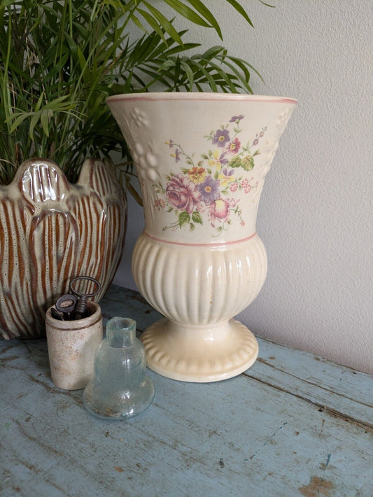 Large Vintage Fluted Flower Vase Ribbed Made In ROMANIA Mantle Decor Floral Vgc