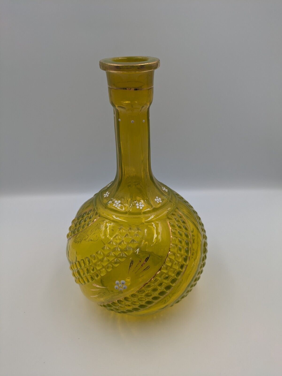 Vintage Yellow Vaseline 1920s 30s Glass Decanter Hand Painted Gold Rare Stopper