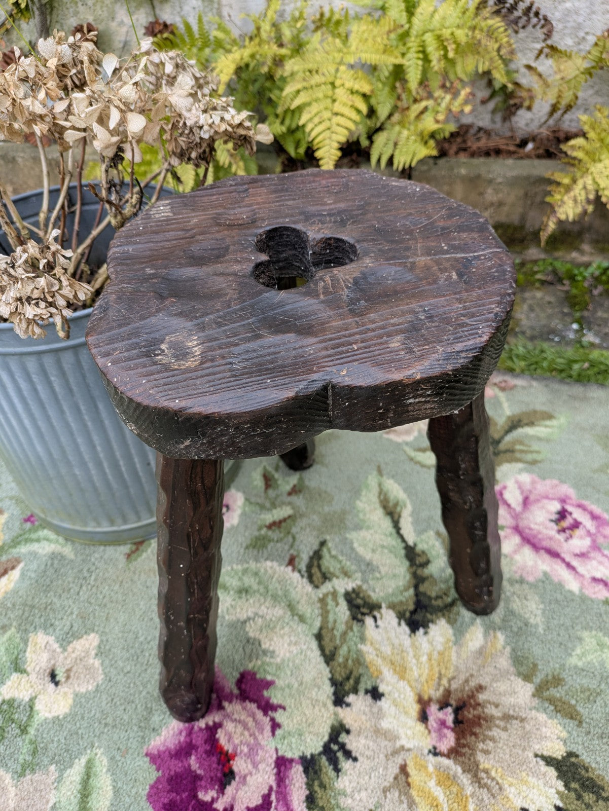 Vtg Hand Carved Stool Campaign Brutalist Screw Leg Wooden Milking Tripod Seat