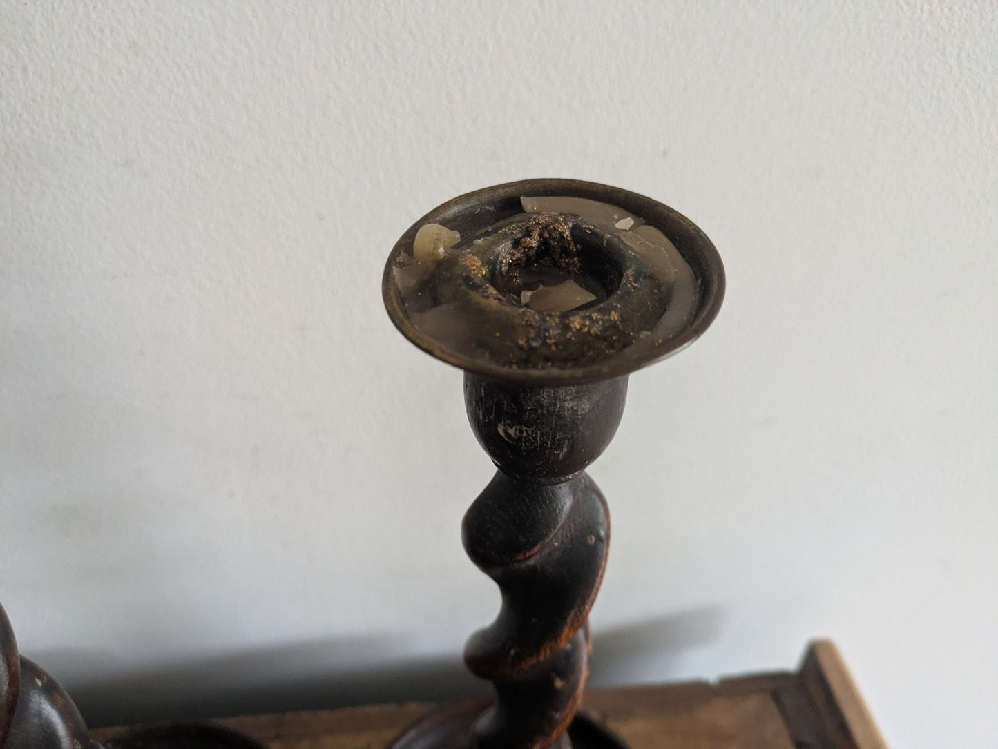 Antique English Oak Barley Twist Pair Candlesticks Candle Holders  31cm Tall Vtg