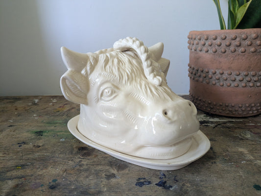 Rare Bull Head Cheese Dish Cloche With Plate Vintage Antique Cream Ceramic Old 