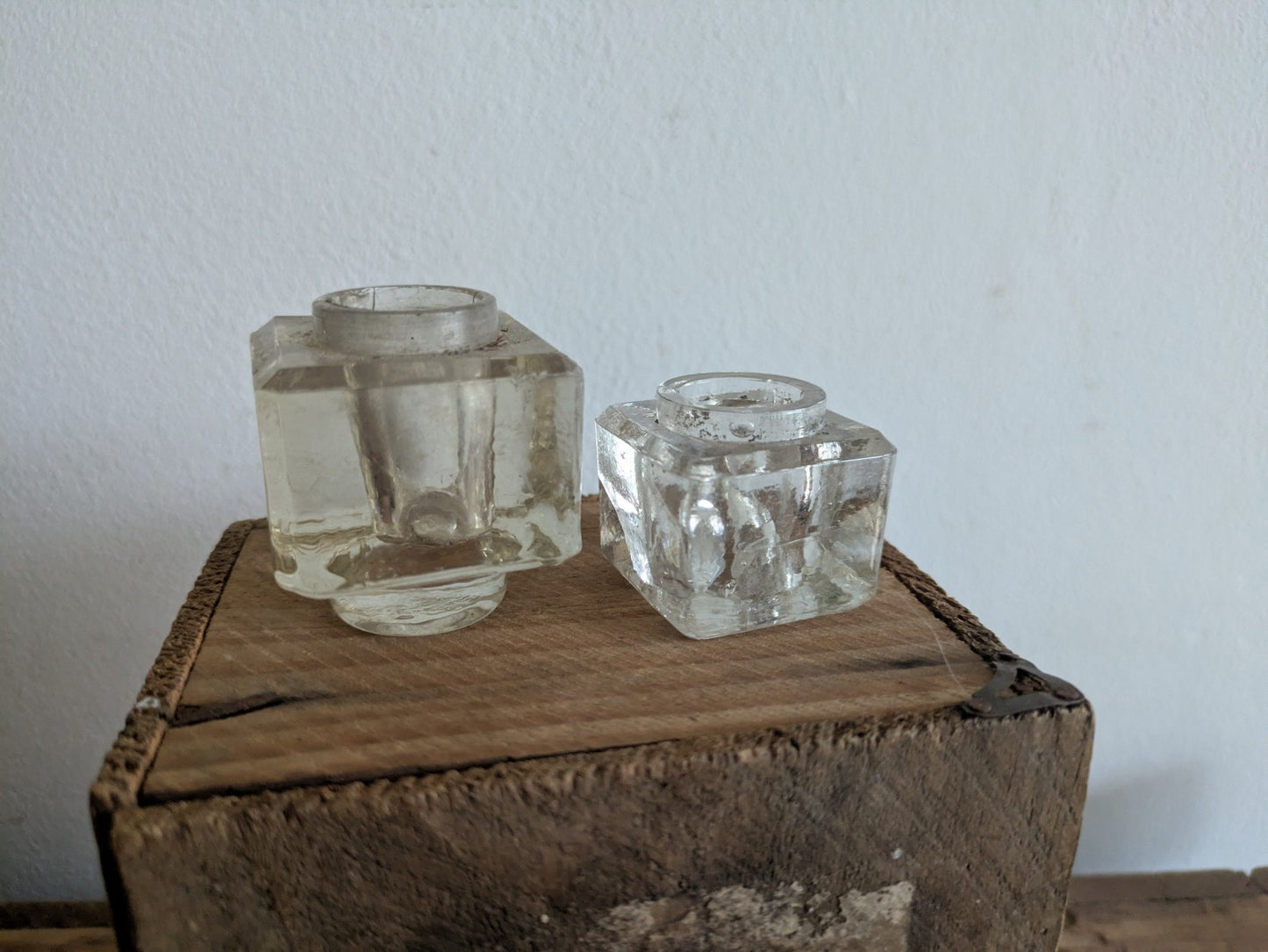 2x Antique Glass Ink Well Desk Study Display C.1900 Prop Edwardian Cube Pair Old