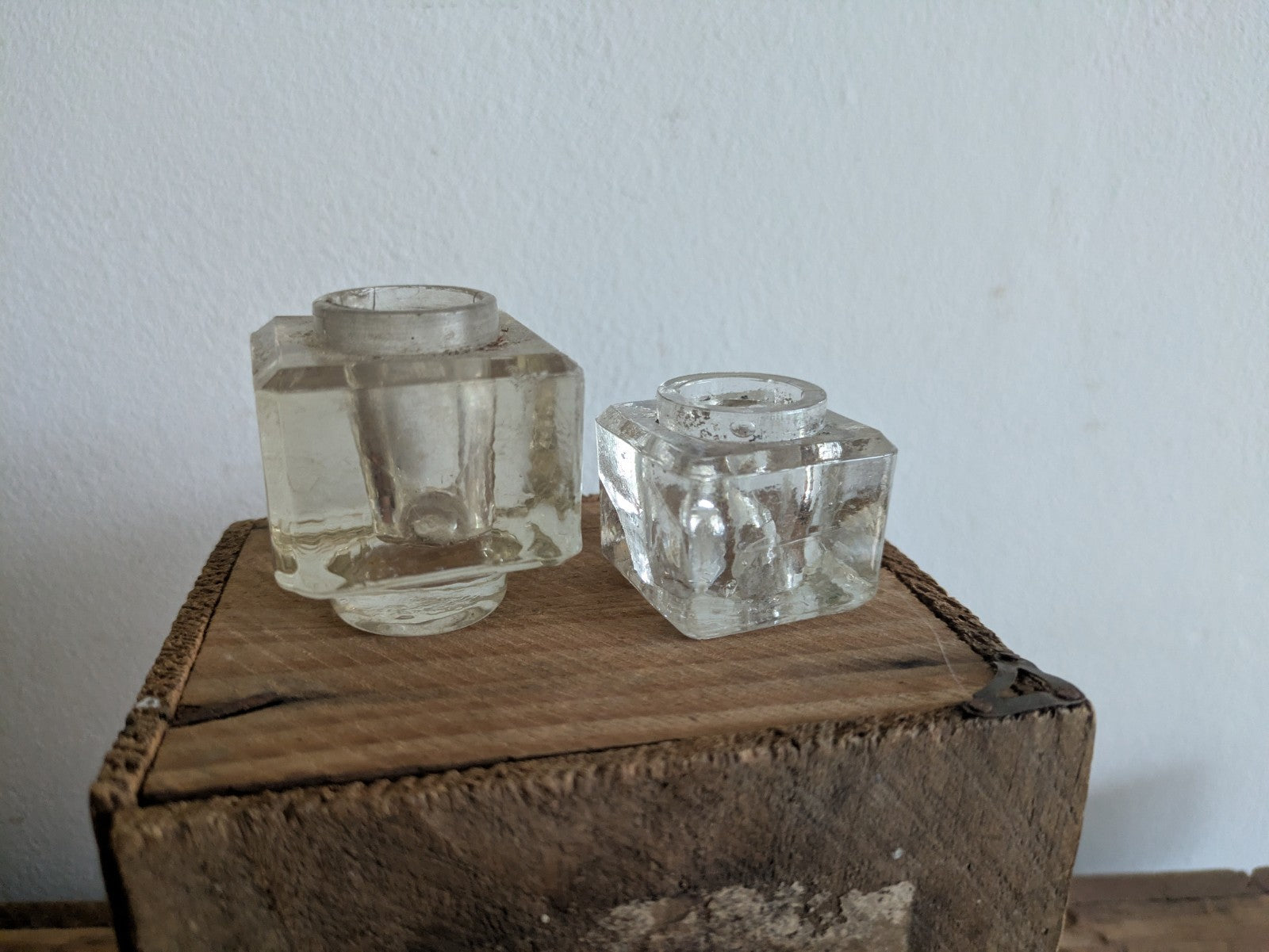 2x Antique Glass Ink Well Desk Study Display C.1900 Prop Edwardian Cube Pair Old