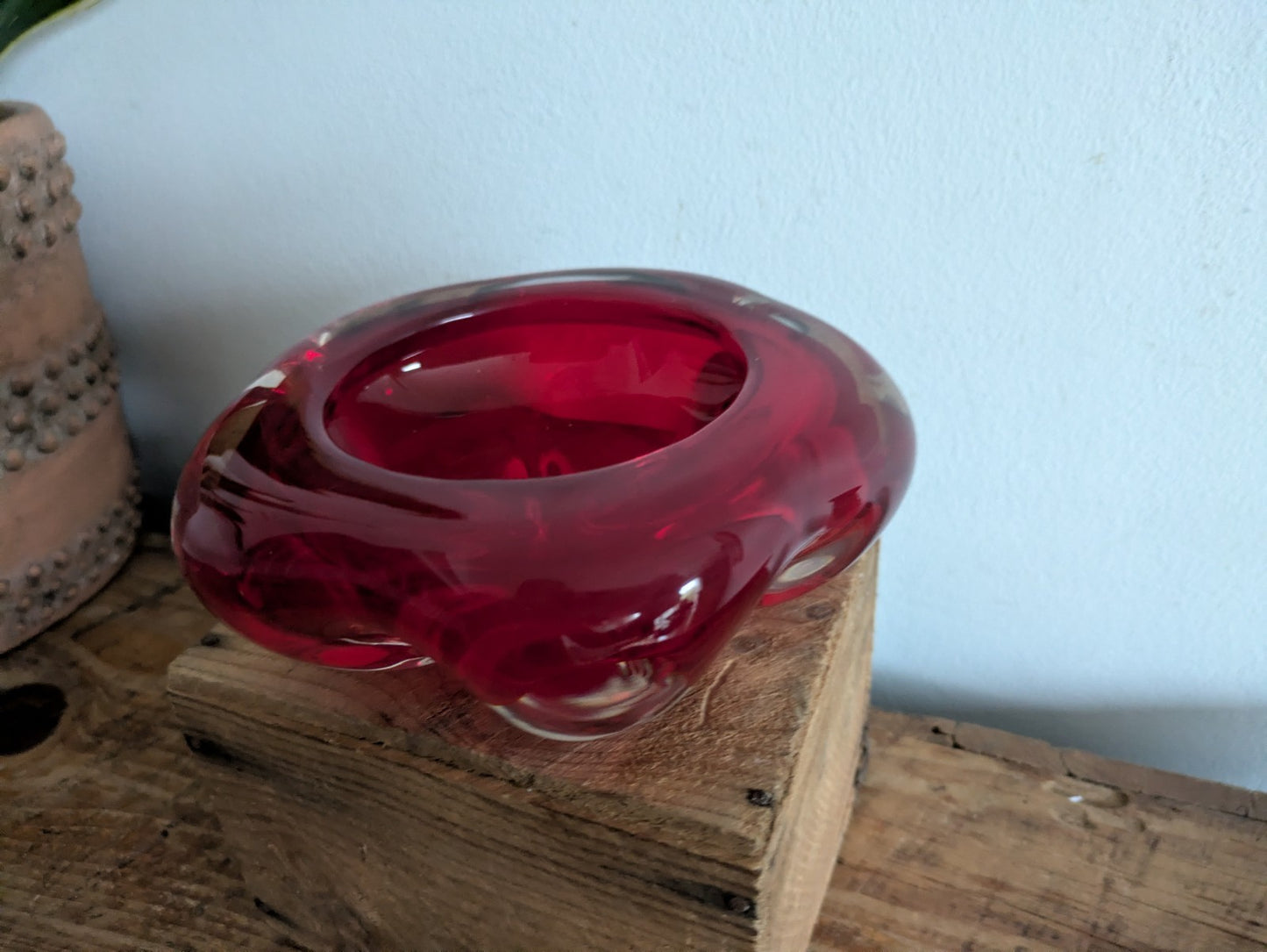 Whitefriars Ruby 5 Lobed Dish PatNo.9408 Flower Shape Cased Red Bowl Vtg Retro