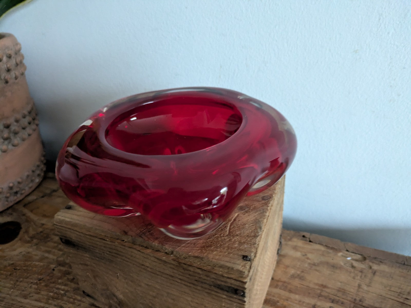 Whitefriars Ruby 5 Lobed Dish PatNo.9408 Flower Shape Cased Red Bowl Vtg Retro