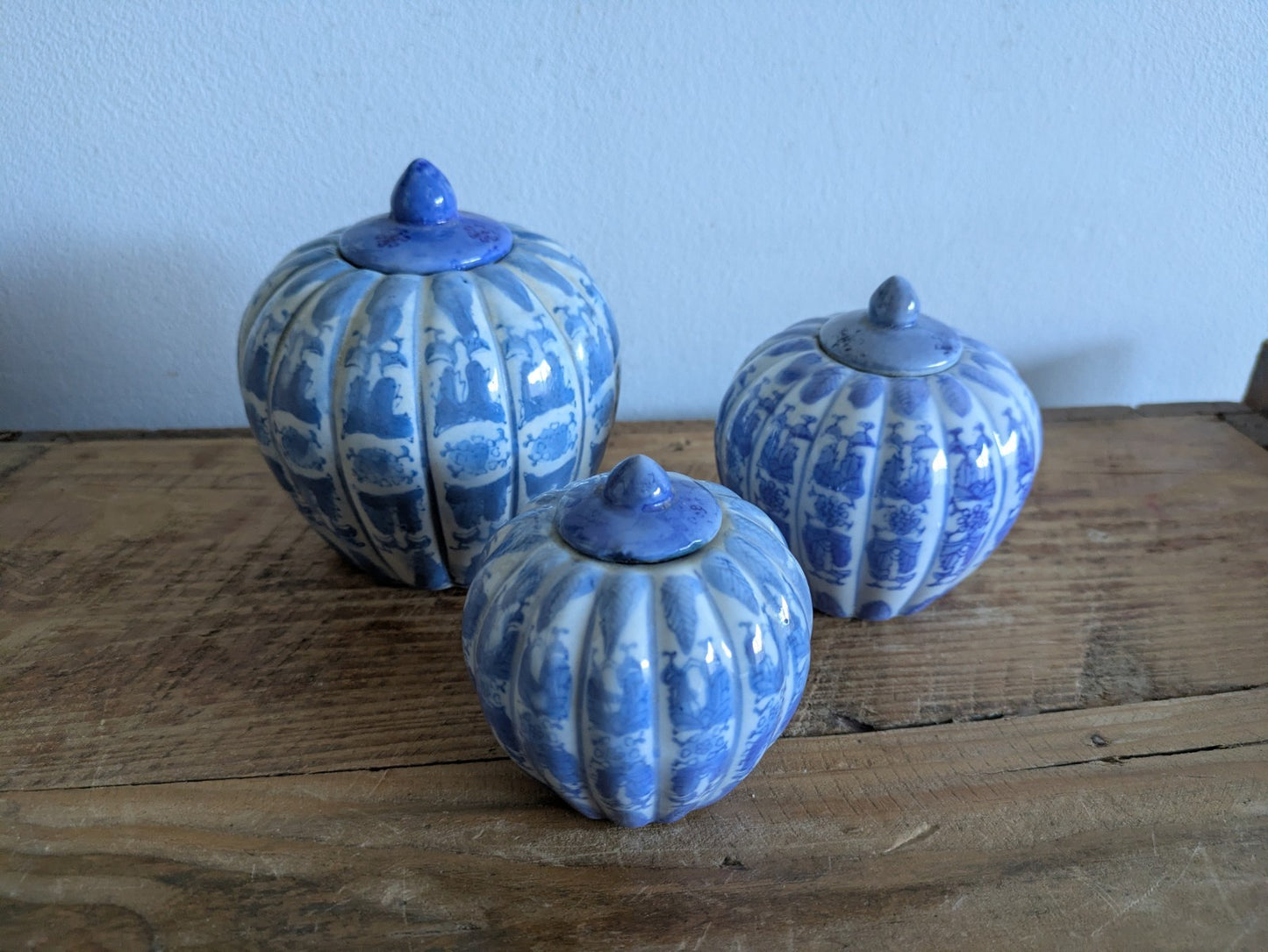 Set of 3 Chinoiserie Blue and White Porcelain Pumpkin-Shaped Ginger Jars Trio 