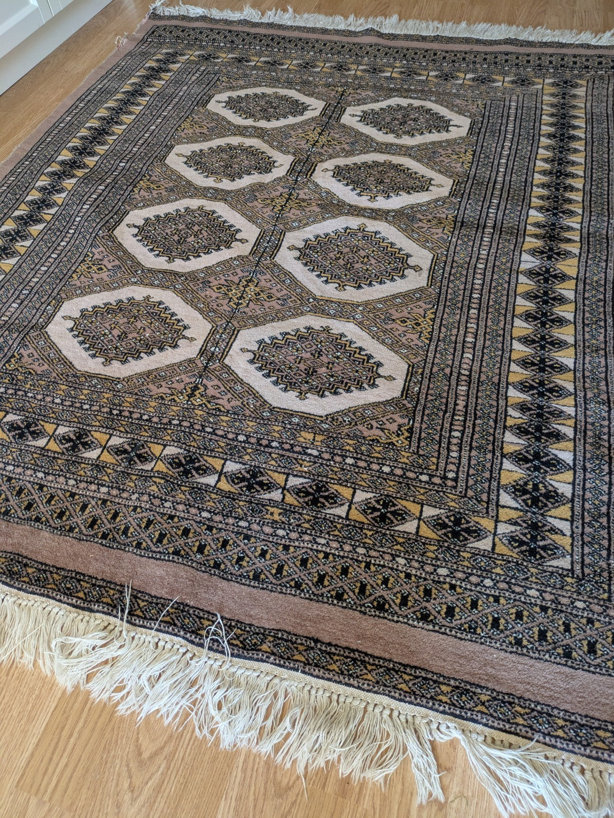 Cream Bokhara Hand Knotted Oriental Wool Afghan Turkmen Area Rug Gul Motif  Vgc