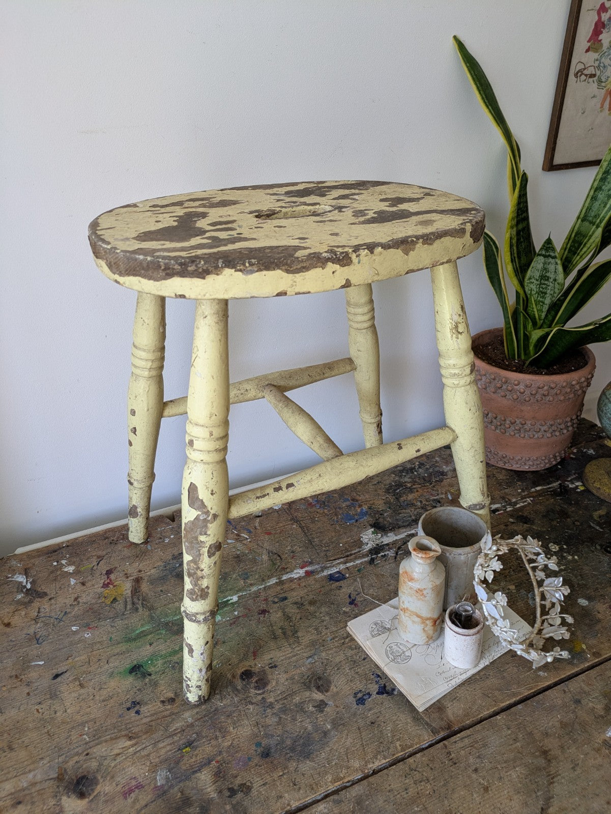 Vintage Victorian Kitchen Stool Wooden Seat Chippy Distressed Paint Yellow Wood