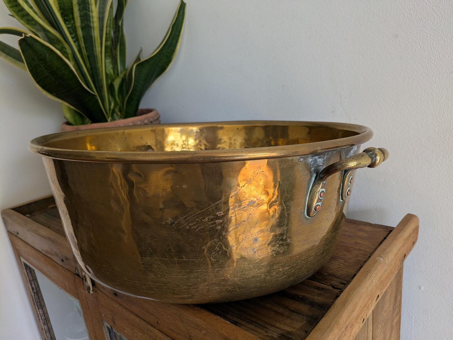 Antique 19thC Victorian Brass Pot Pan Double Handles Giant XL Size Chef Kitchen