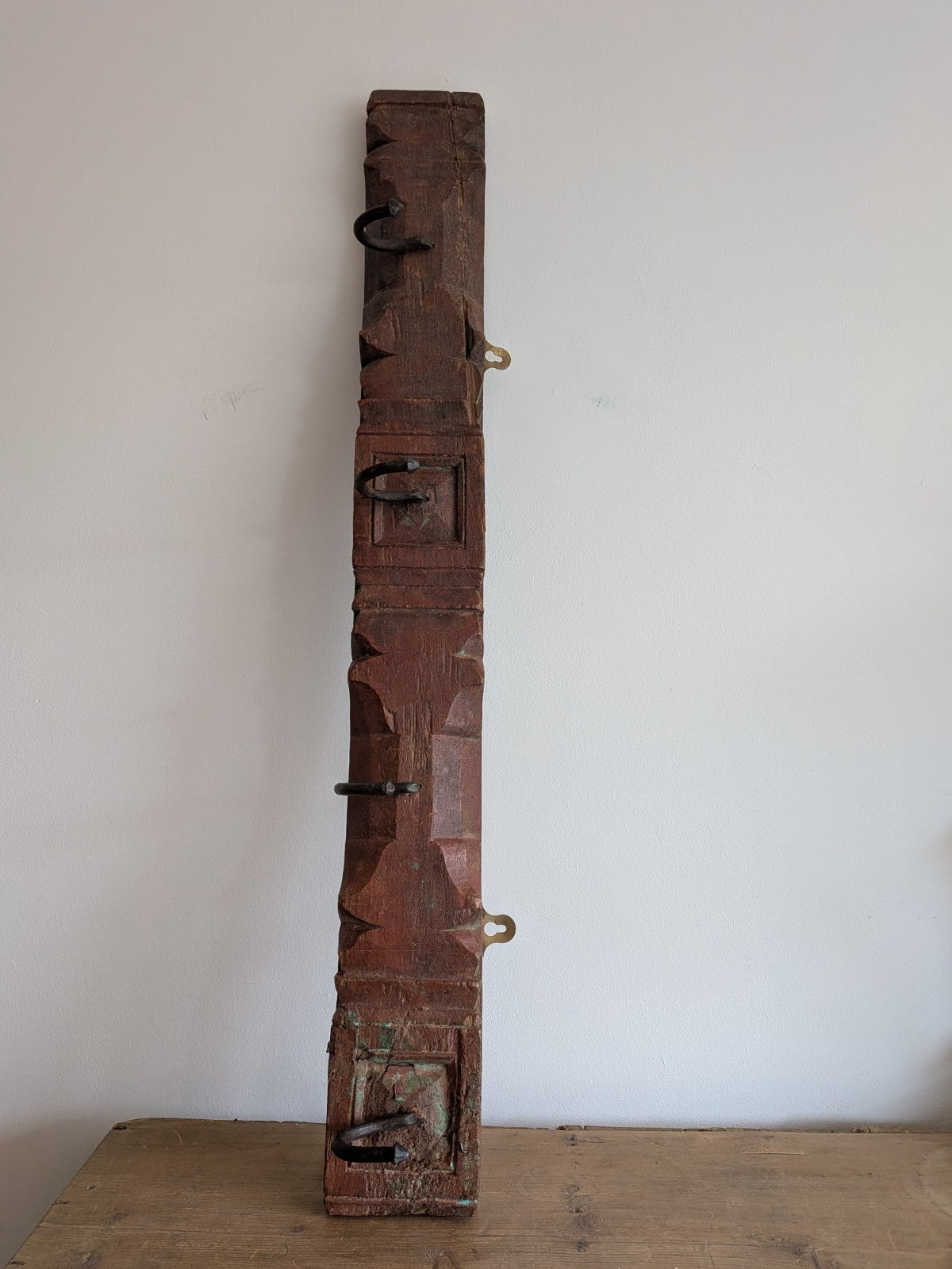 Antique Indian Painted Teak Wood Coat Hook Panel Salvaged Iron Hooks Vintage Vgc