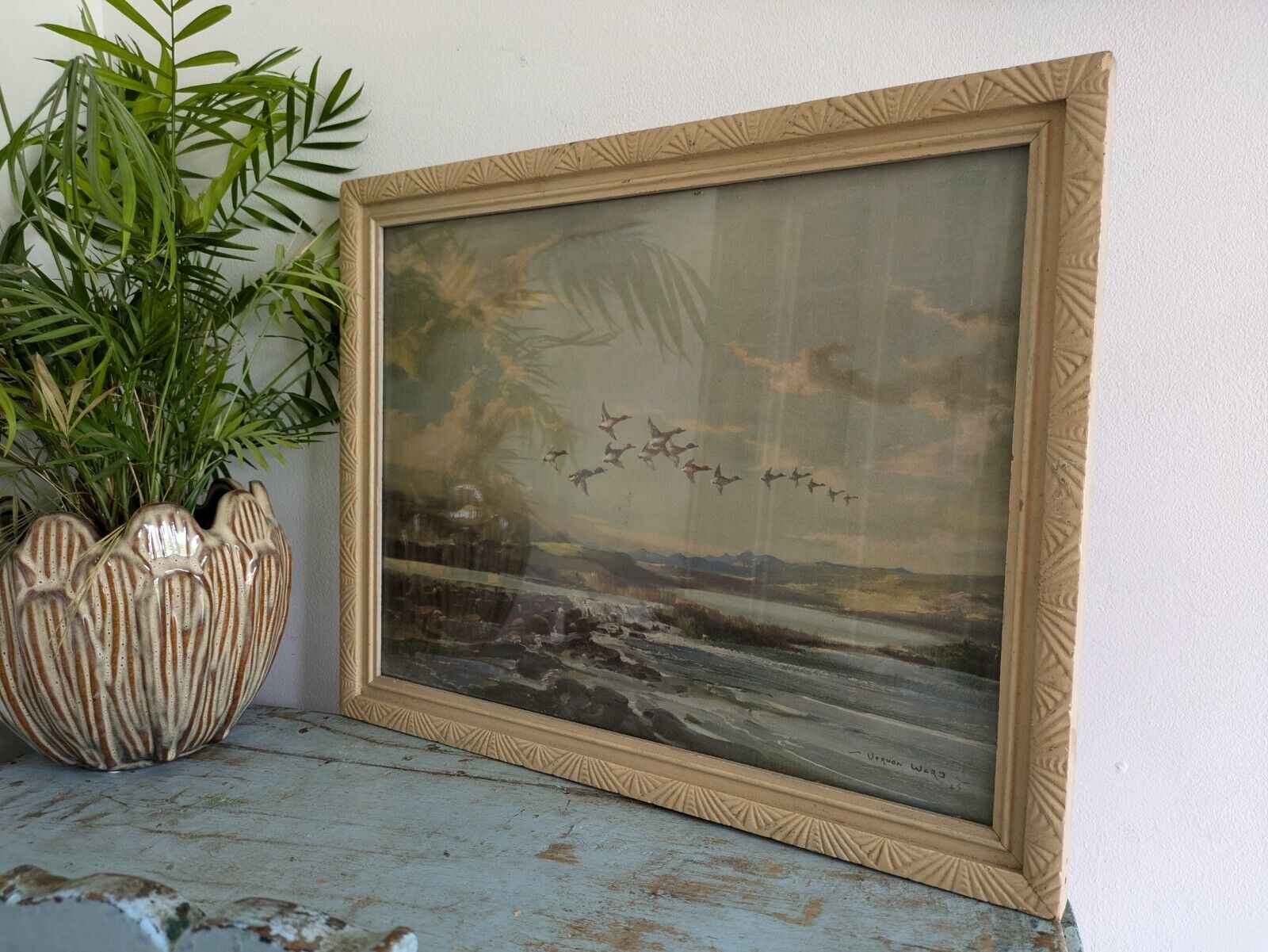 Vintage Vernon Ward Print Framed Art Painting Stream From The Hills Flying Ducks