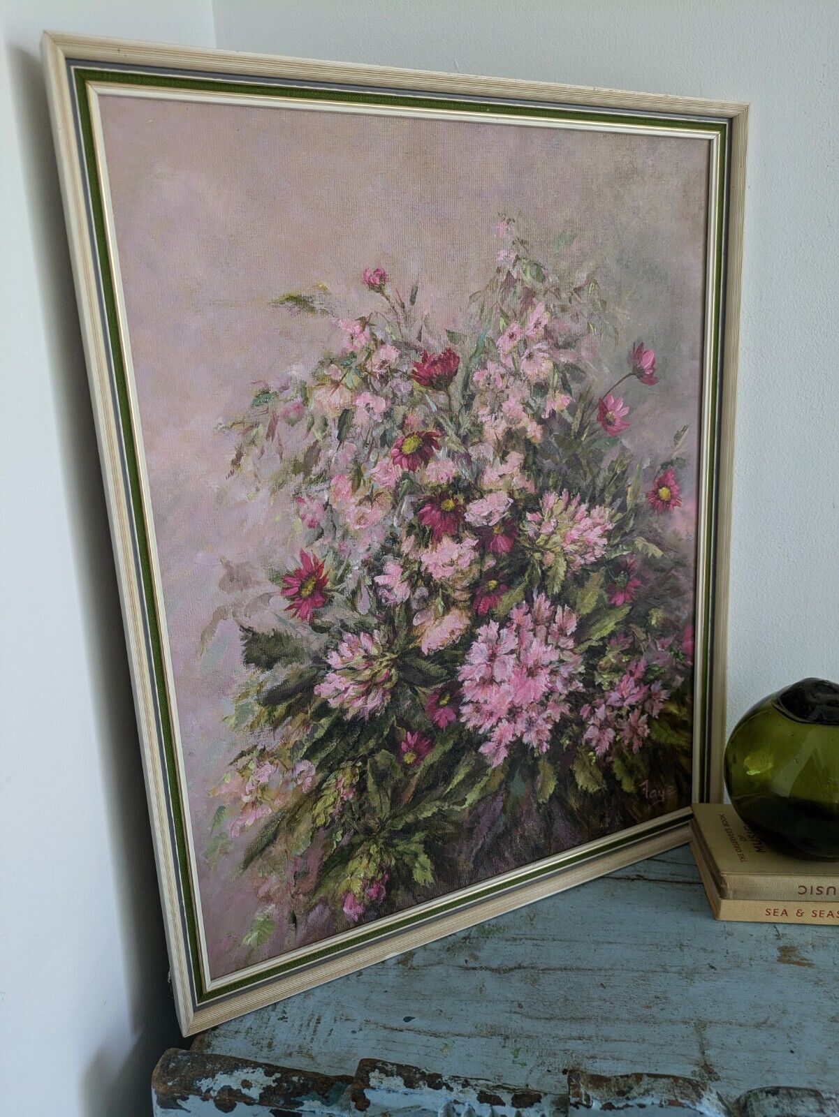 Original Painting Floral Bouquet Picture frame VTG Signed Shabby Chic Still Life