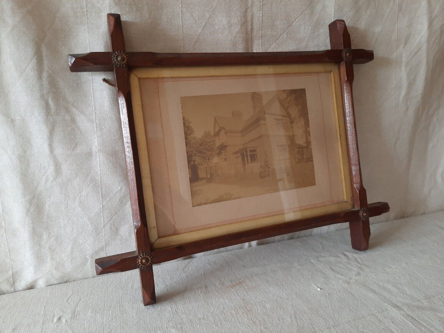 Antique Tramp Art Frame photo inset wooden rare 19th century oak copper finials