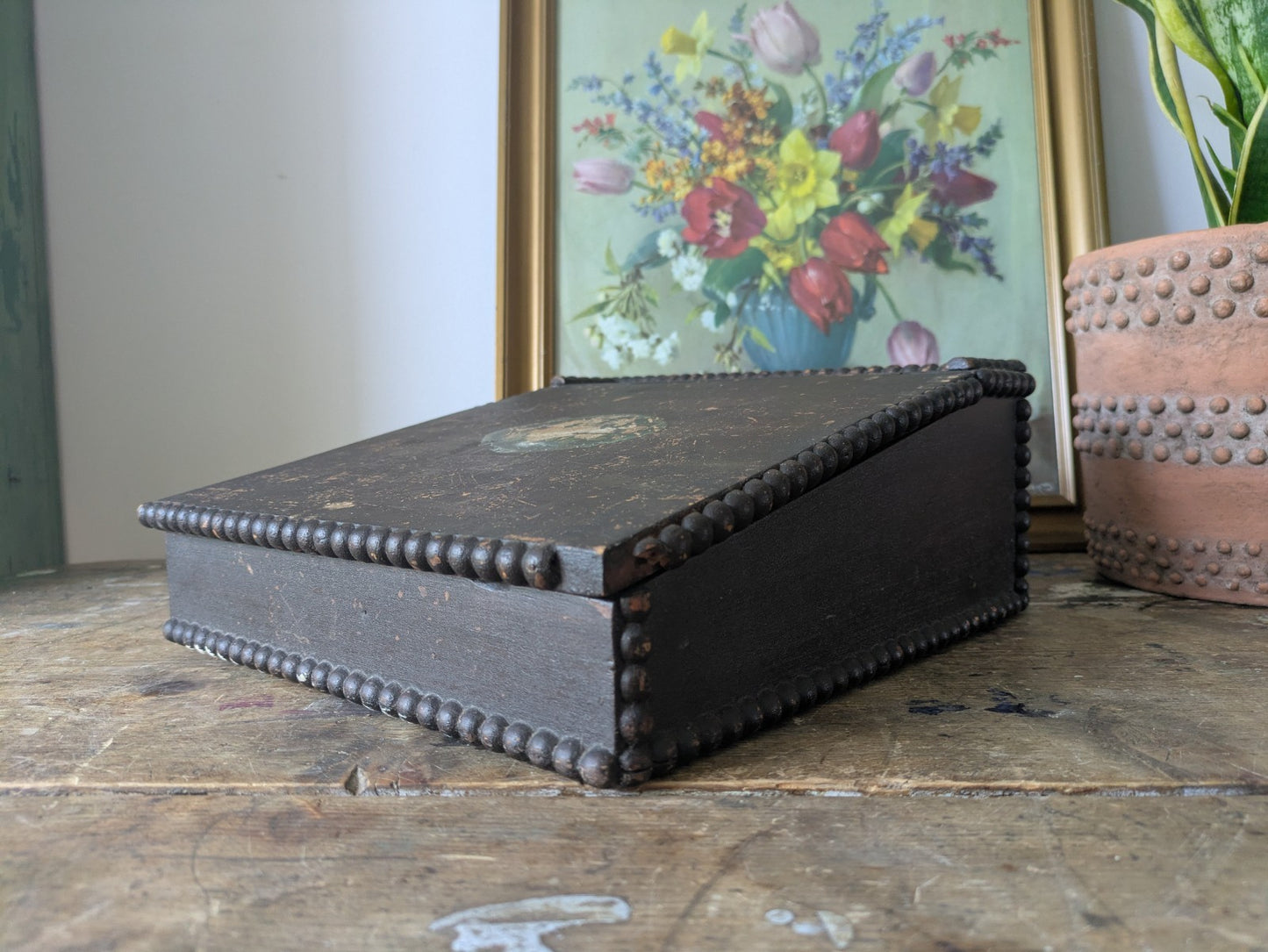 Antique Vintage Students Table Top Writing Slope Bobbin Small Box Stationary Old