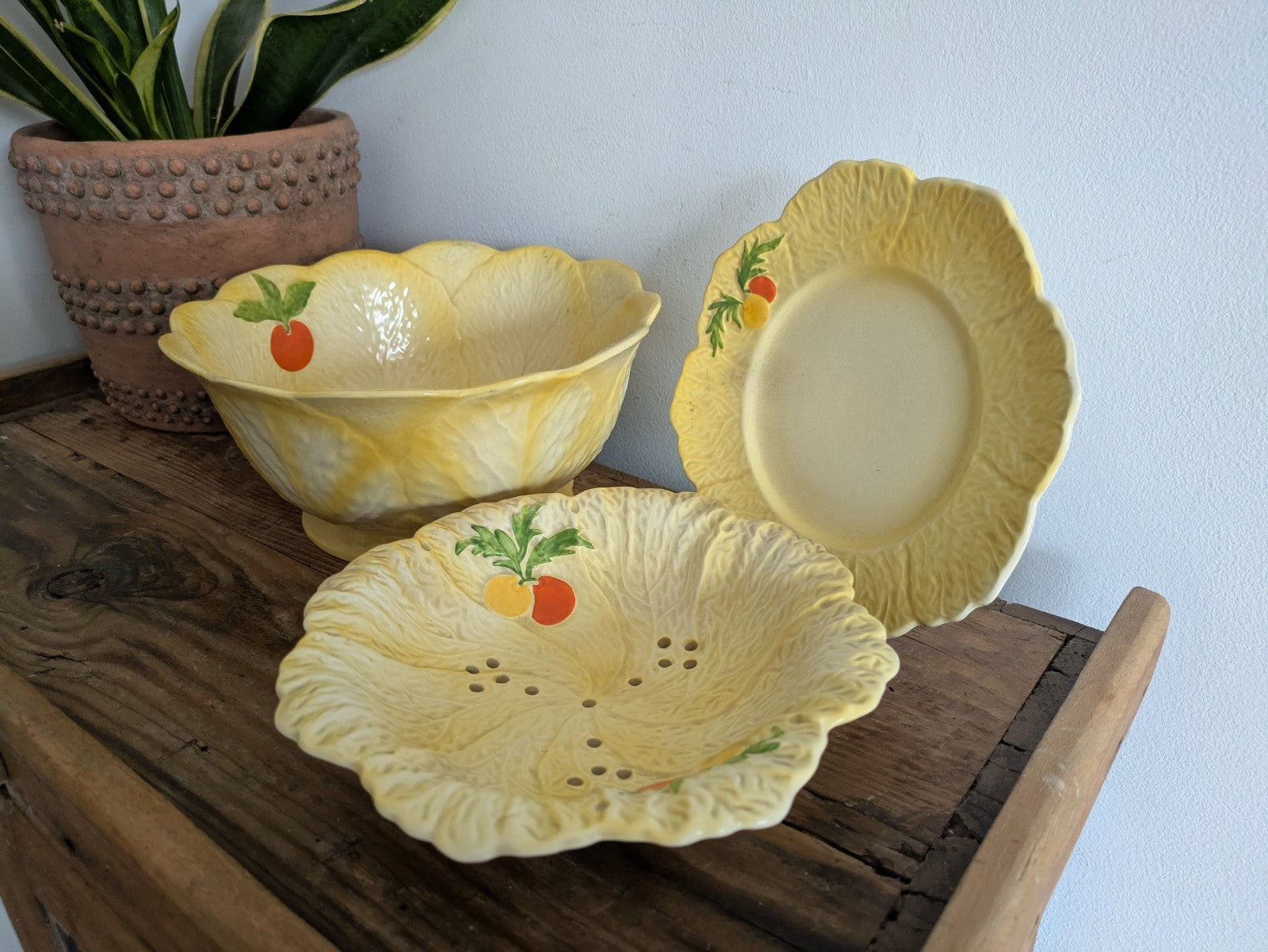 Falcon Ware Yellow Fruit Bowl Leaf Plate Painted Fruits Spring Art Deco Sieve