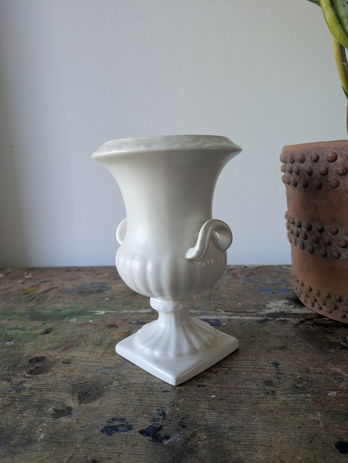 Vintage Shorter & Sons White Pottery Urn Vase 2 Handles Classic Pedestal Design