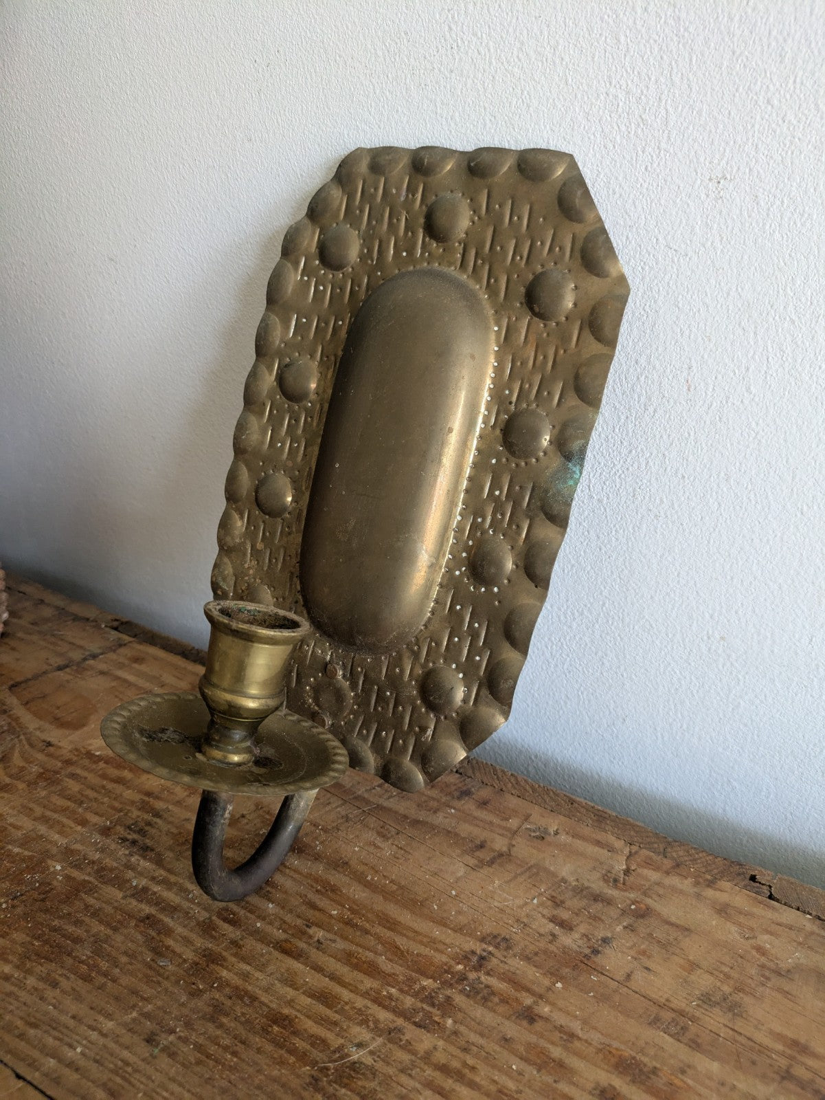 Superb Single Vintage Swedish Repoussé Brass Candle Wall Sconce Holder Hammered