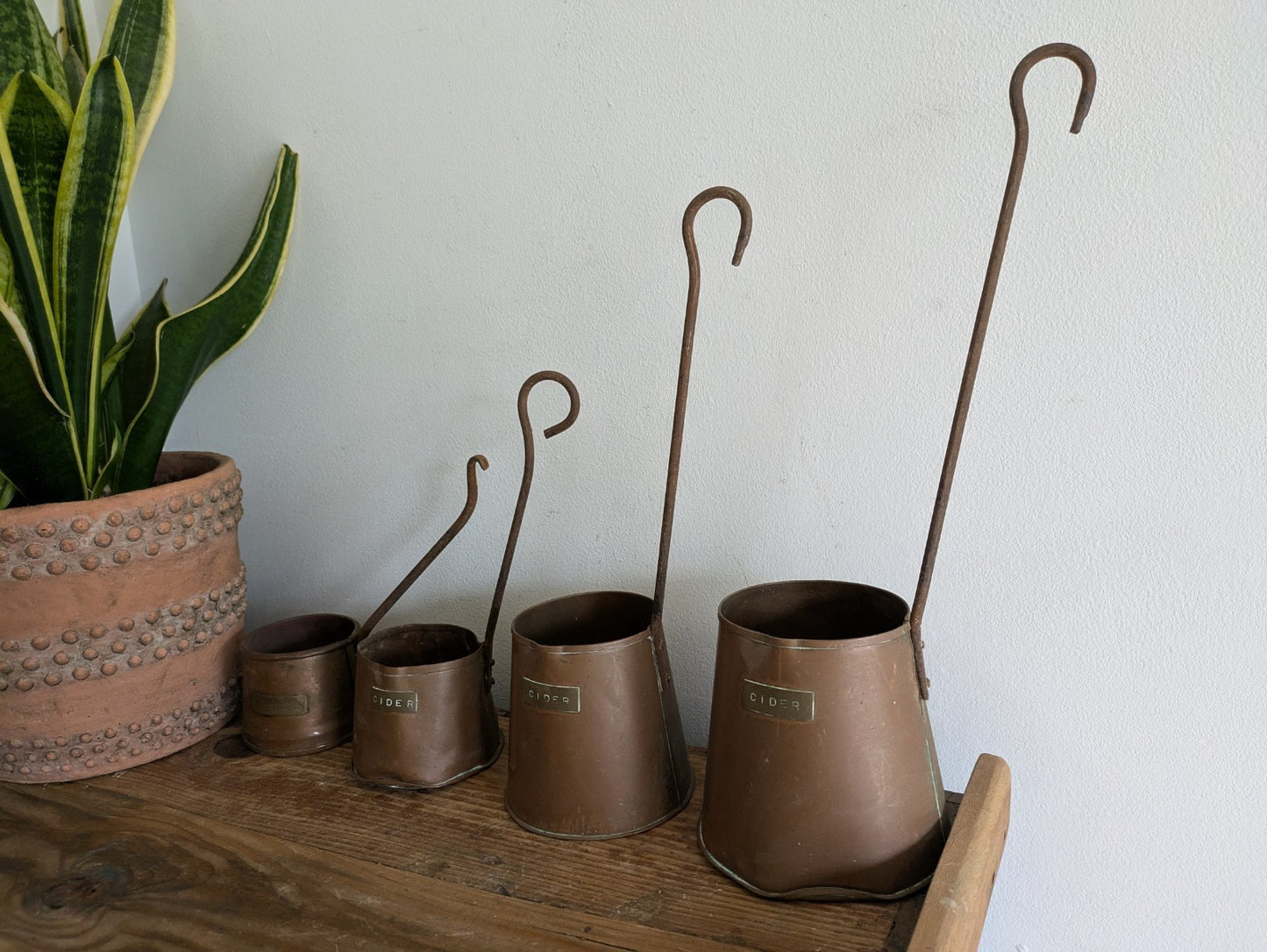Antique Set of 4 Copper Cider Measures Long Iron Handled Ladles Jugs Cups Vintag