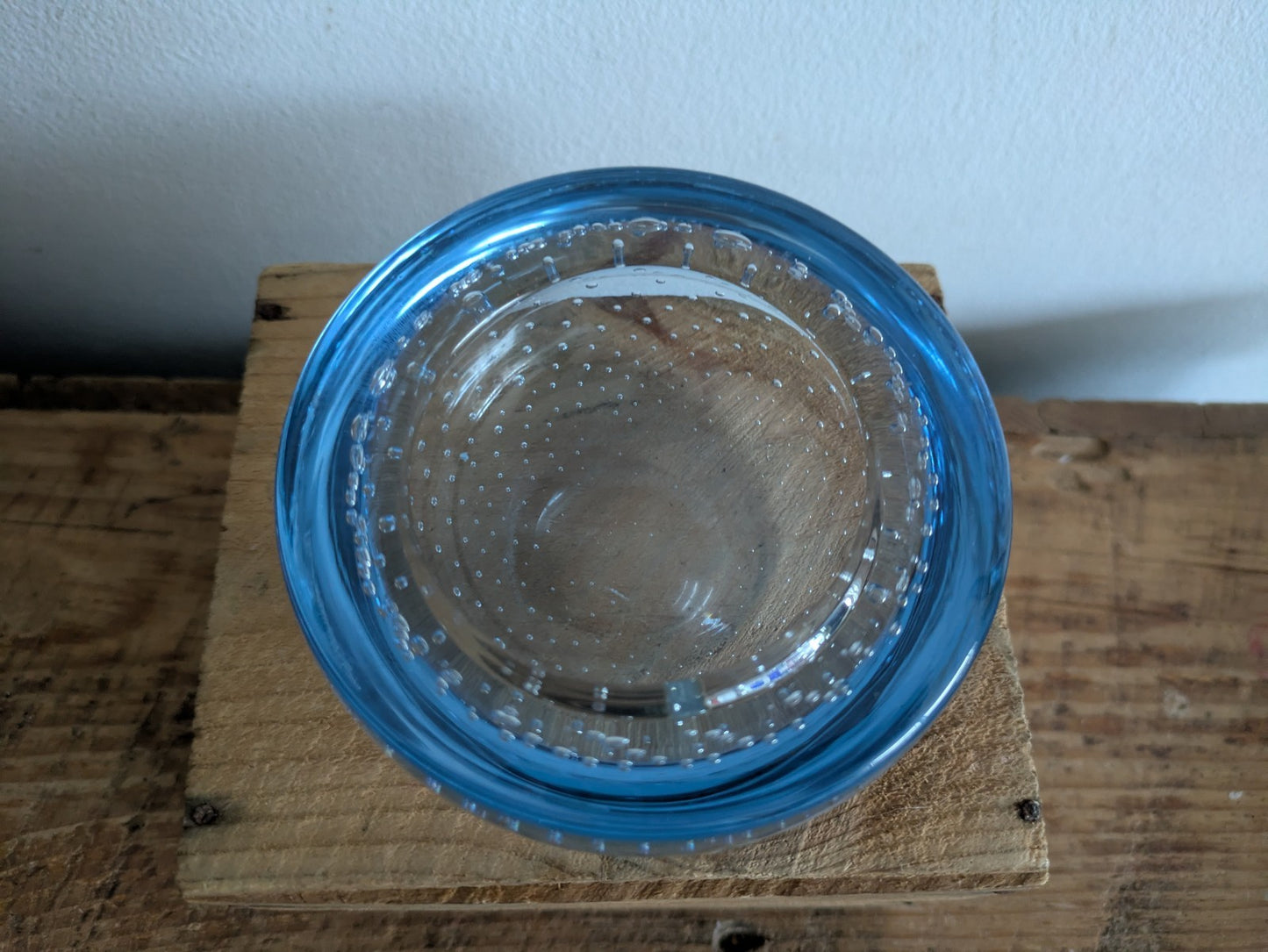 Retro Whitefriars Controlled Bubble Glass Small Dish / Bowl  Blue Vintage 1970's