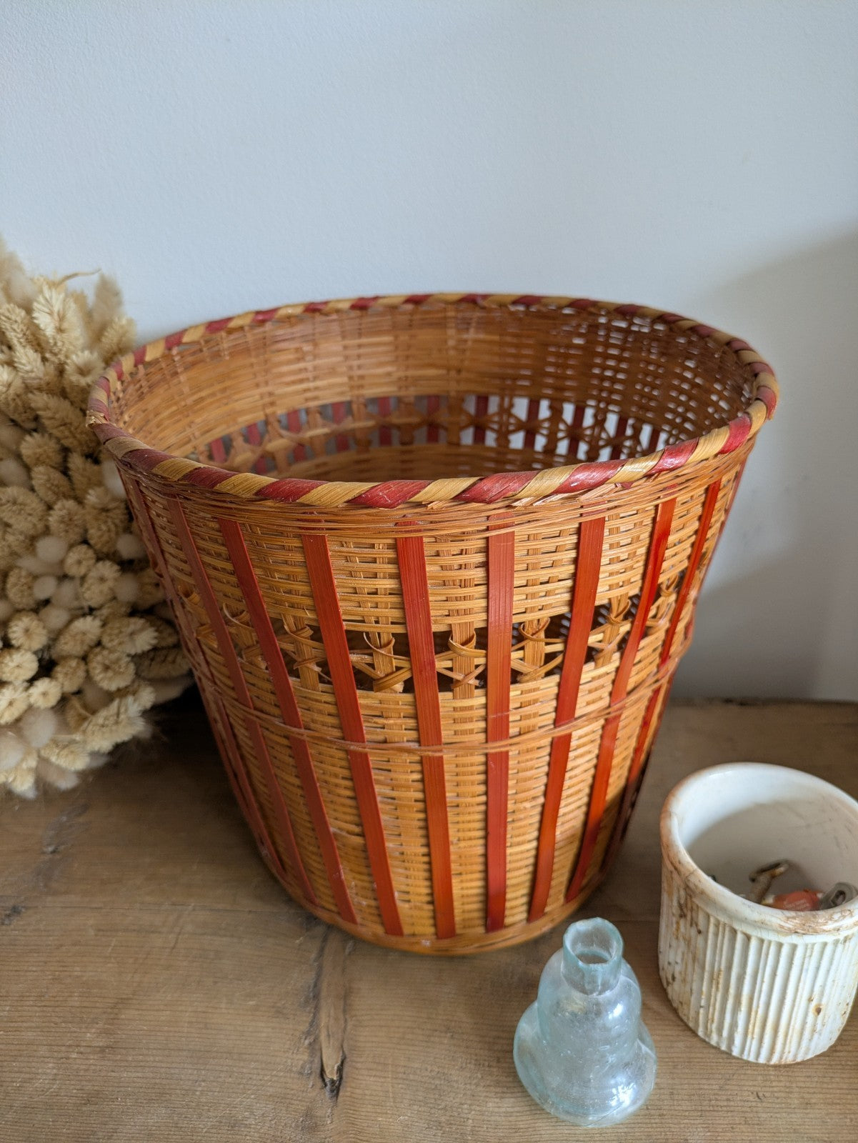 Vintage Mid Century 60 70s Woven Cane Bamboo Bin Planter Plant Pot Tikki Boho 