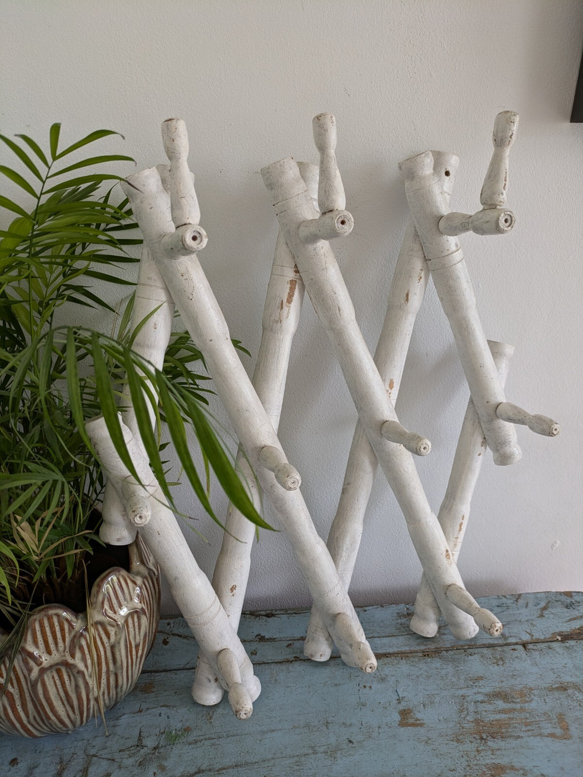 Vintage Wooden Folding Wall Hooks coat Rack Faux bamboo boho French Antique old!
