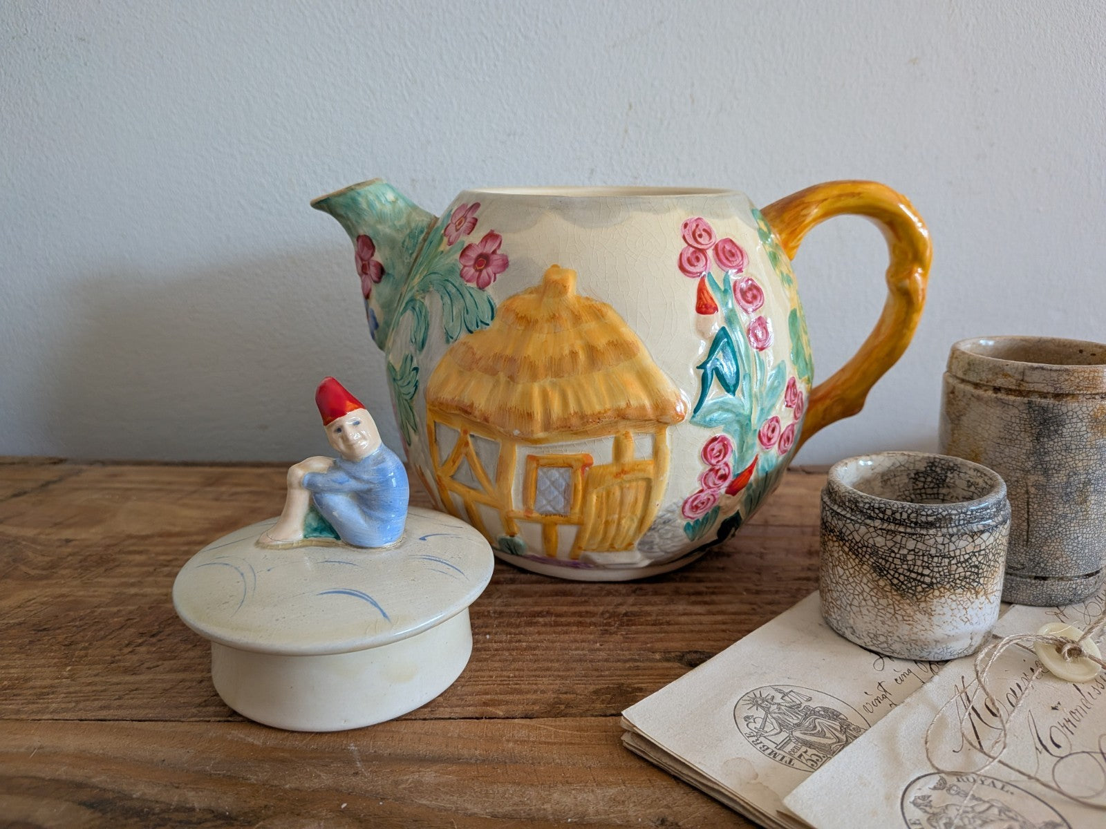 Vintage Art Deco Teapot Leprechaun Pixie Castle Fairytale Cottage Garden Floral