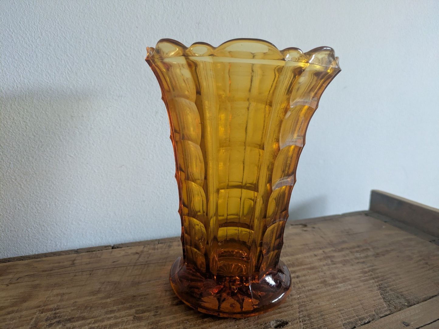 Vintage Art Deco Fluted Amber Glass Flared Vase Heavy Yellow Flowers Mantle Old