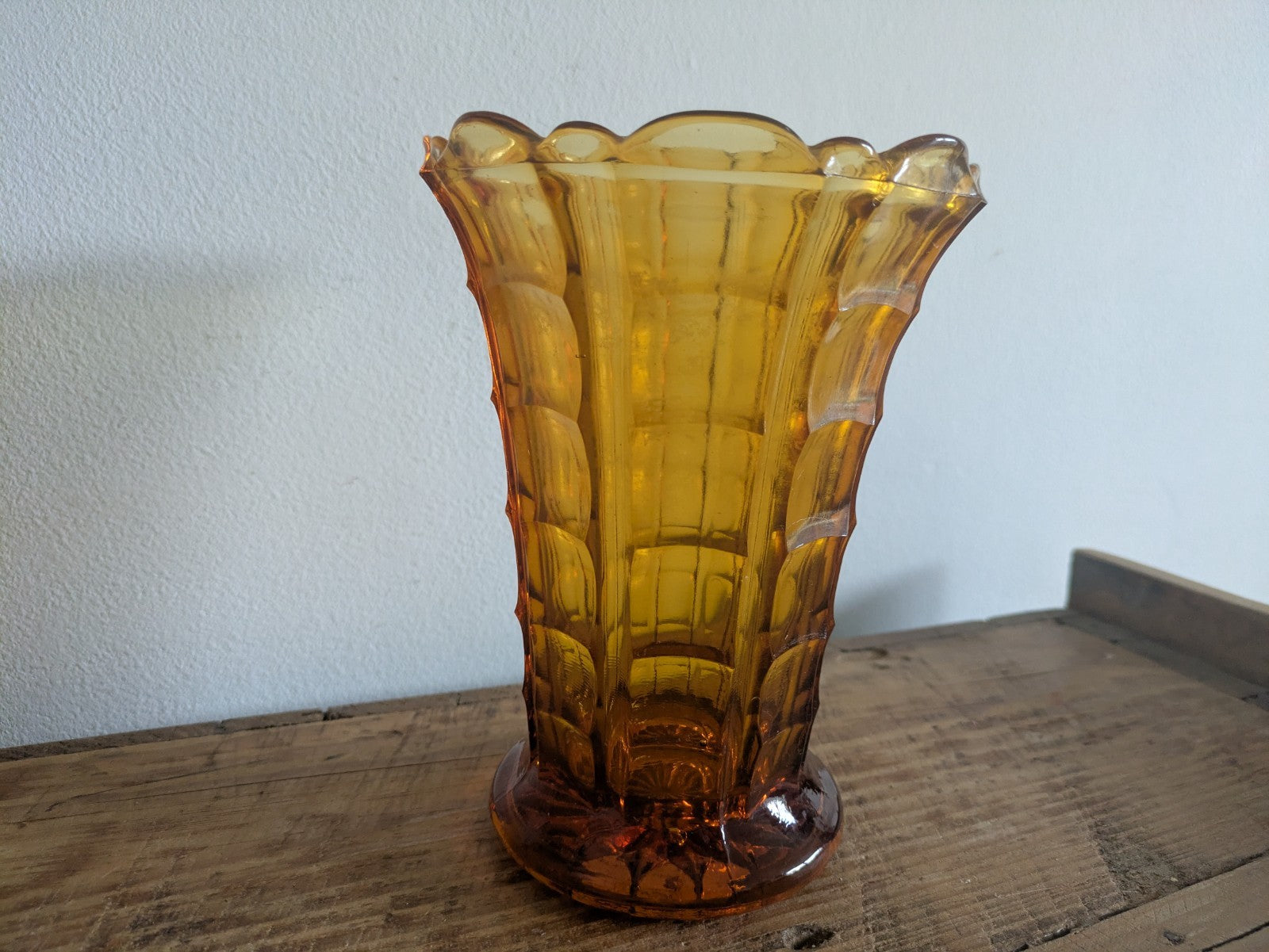 Vintage Art Deco Fluted Amber Glass Flared Vase Heavy Yellow Flowers Mantle Old