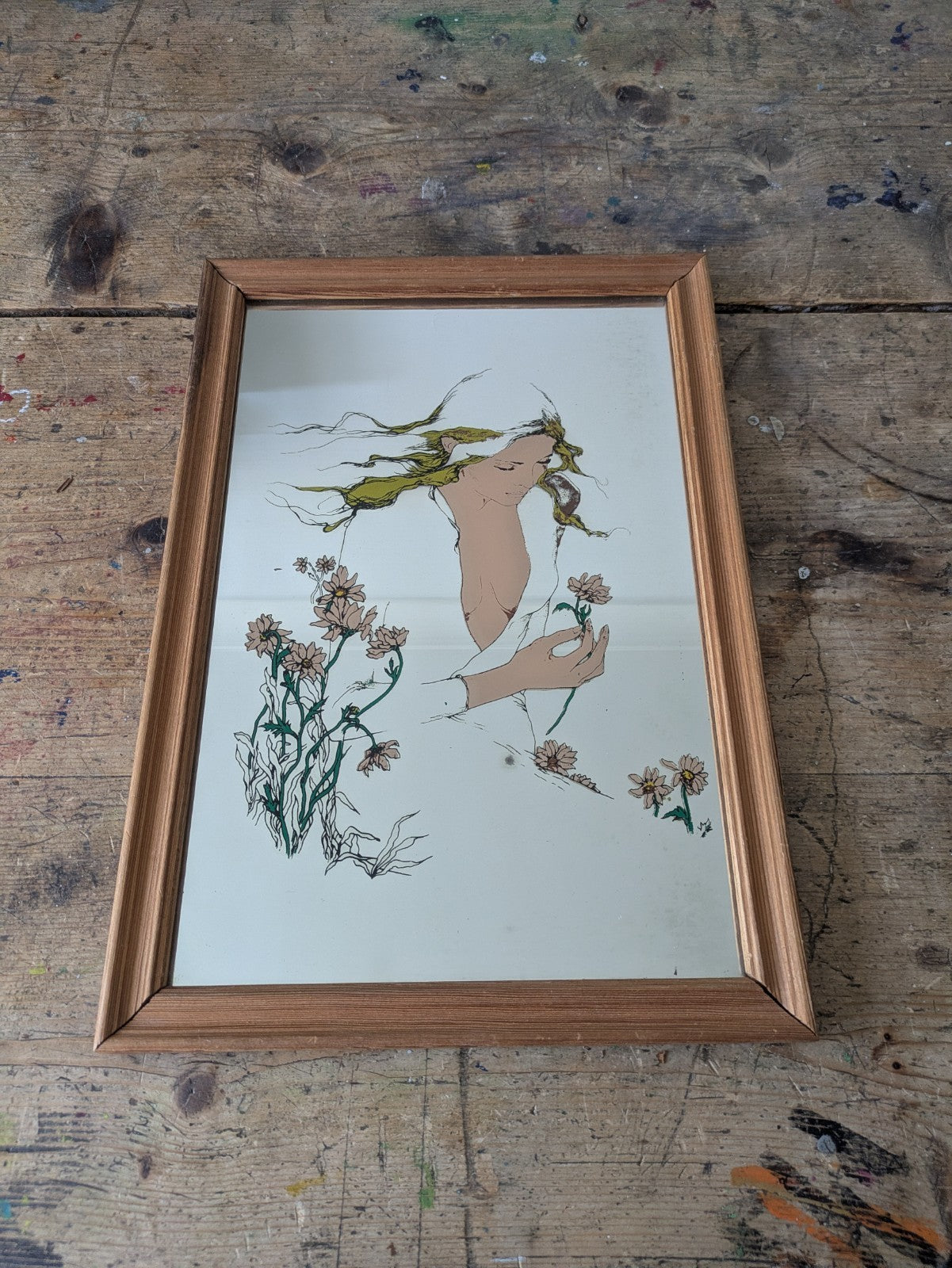 70s Art Mirror Vintage Susan Obrant She Loves Me Art Nouveau Style Retro Rare