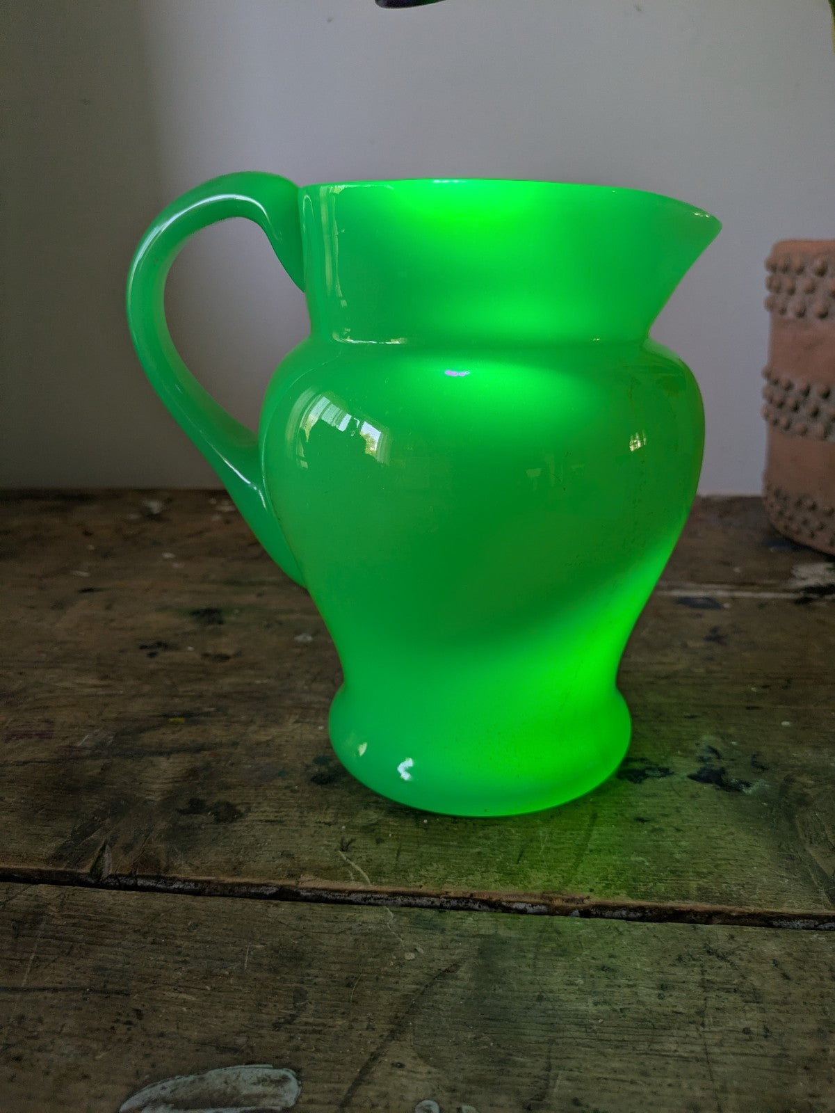 Antique Green Uranium Glass Water Jug Pitcher Jade Jadeite Art Deco Opaque Large