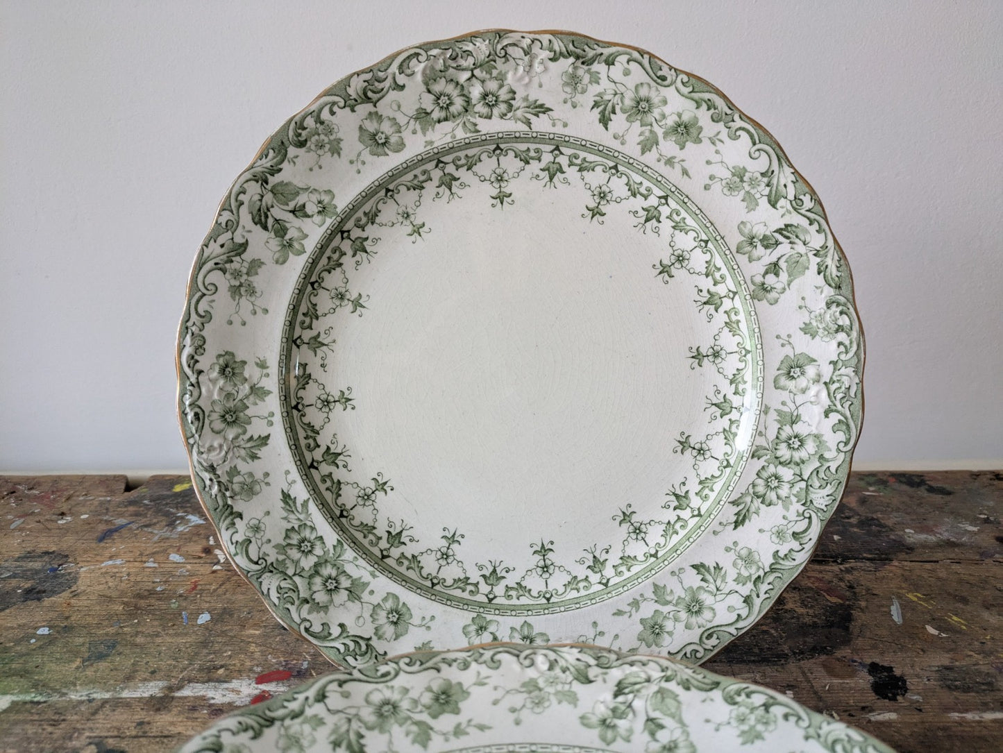 6 Rare Antique S.Hancock & Sons Warwick Dessert Plates Green Floral Serving Prop