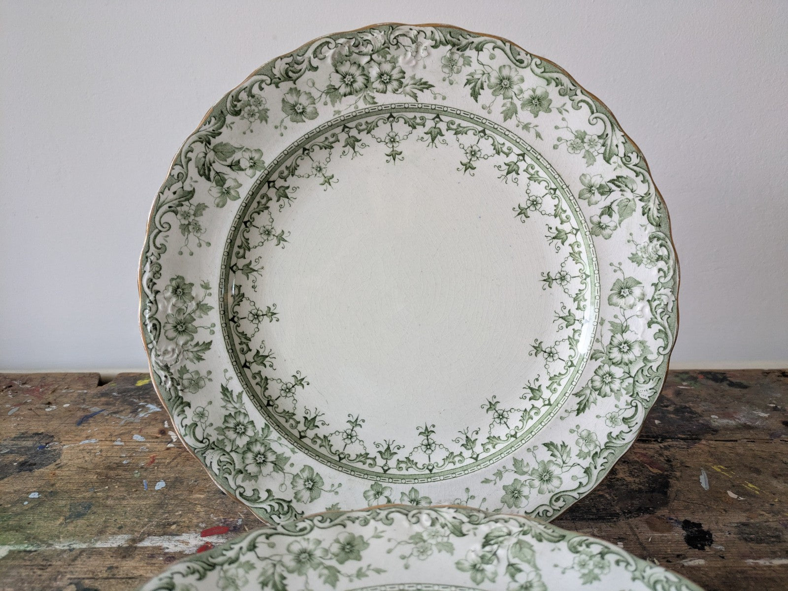 6 Rare Antique S.Hancock & Sons Warwick Dessert Plates Green Floral Serving Prop