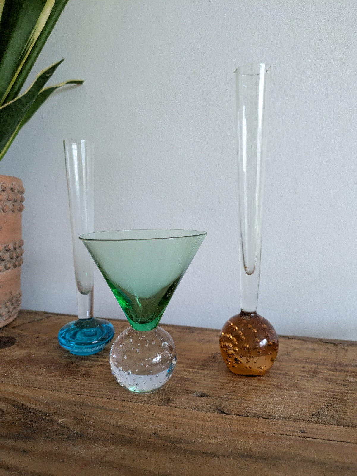 3x Bubble Base Bullicante Martini Glasses Green Orange Blue Retro VTG Bud Vase