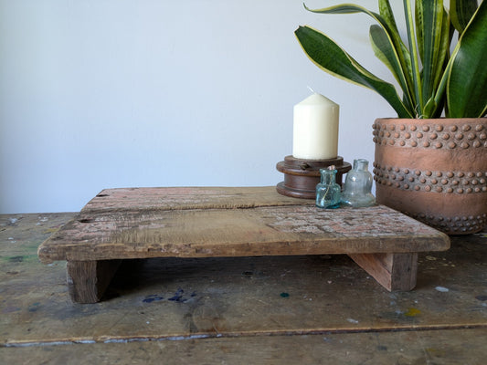 Antique Wooden Bajot Floor Sitting Stool Pink Old Hand Crafted Serving Board Vtg