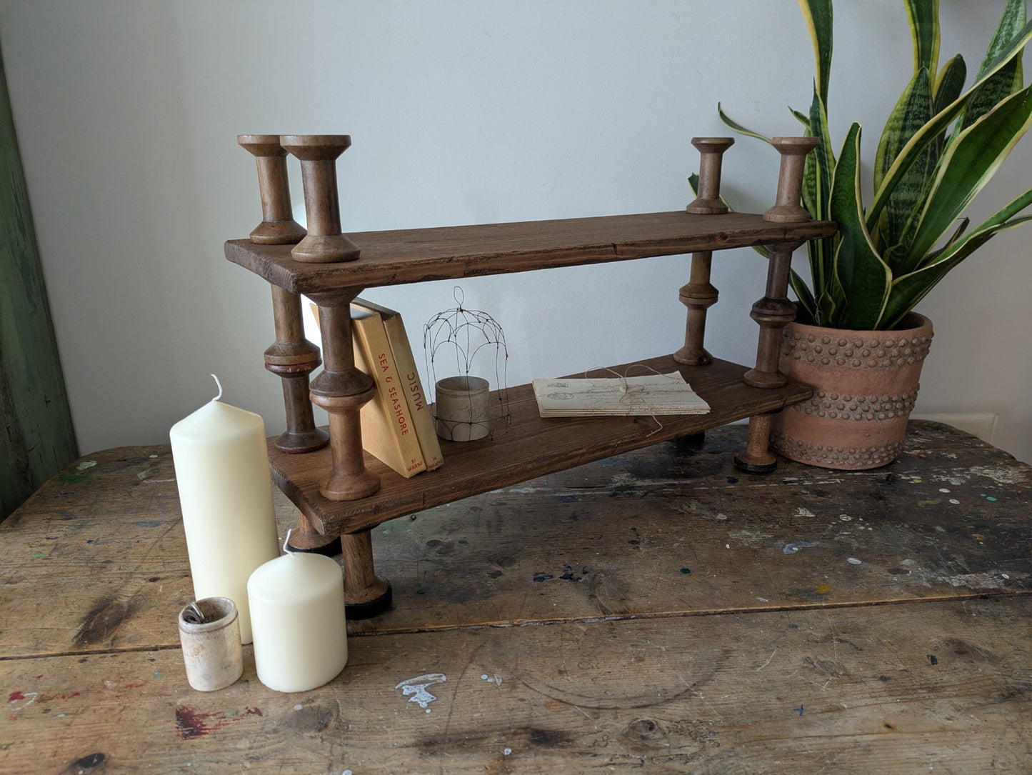 Antique Indian Reclaimed Vintage Folk Art Bobbin Spool Shelf Shelves Handmade