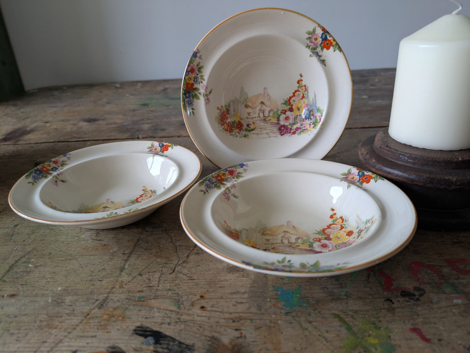 3 small dessert bowls Hampton Ivory cottage & flower design 1930s vintage Deco 