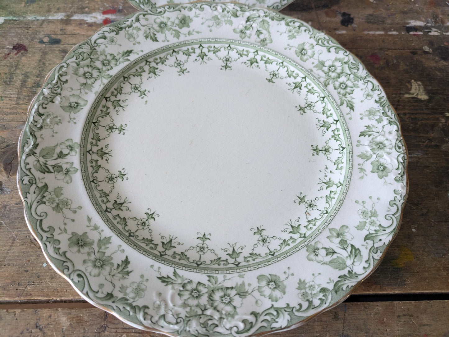 6 Rare Antique S.Hancock & Sons Warwick Dessert Plates Green Floral Serving Prop
