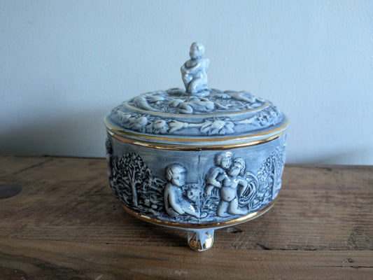 Vintage Capodimonte Decorative Porcelain Blue Cherubs Trinket Box Italy Gilt Vgc