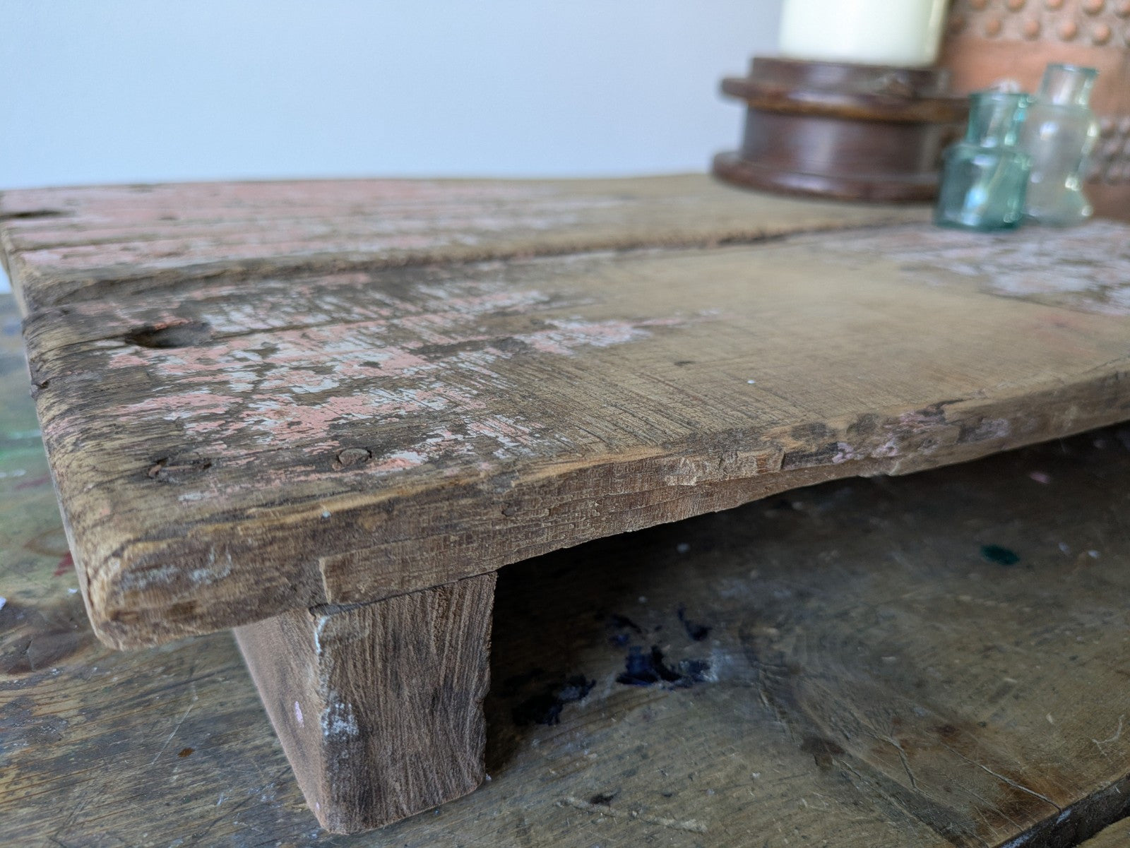 Antique Wooden Bajot Floor Sitting Stool Pink Old Hand Crafted Serving Board Vtg