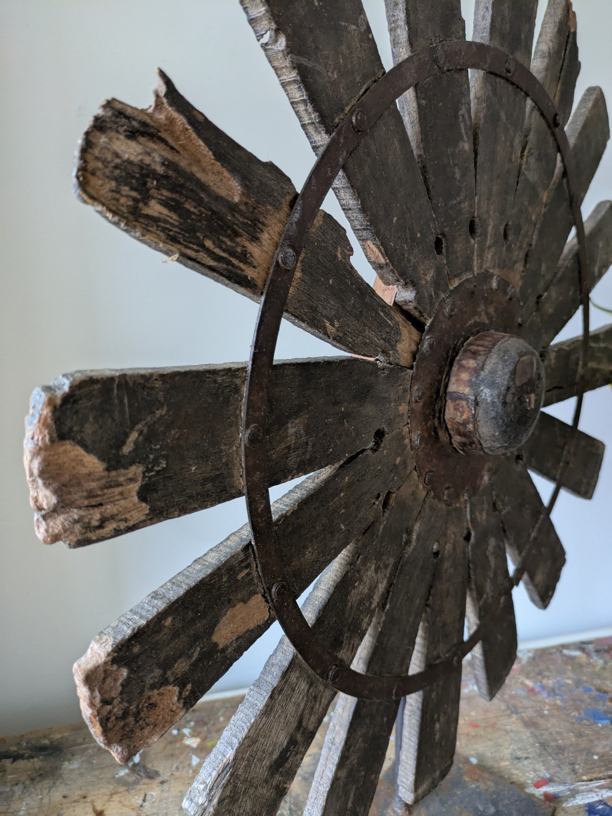 Vintage Rustic Antique Indian Silk Spinning Charkha Wheel Sculpture on Stand Vgc