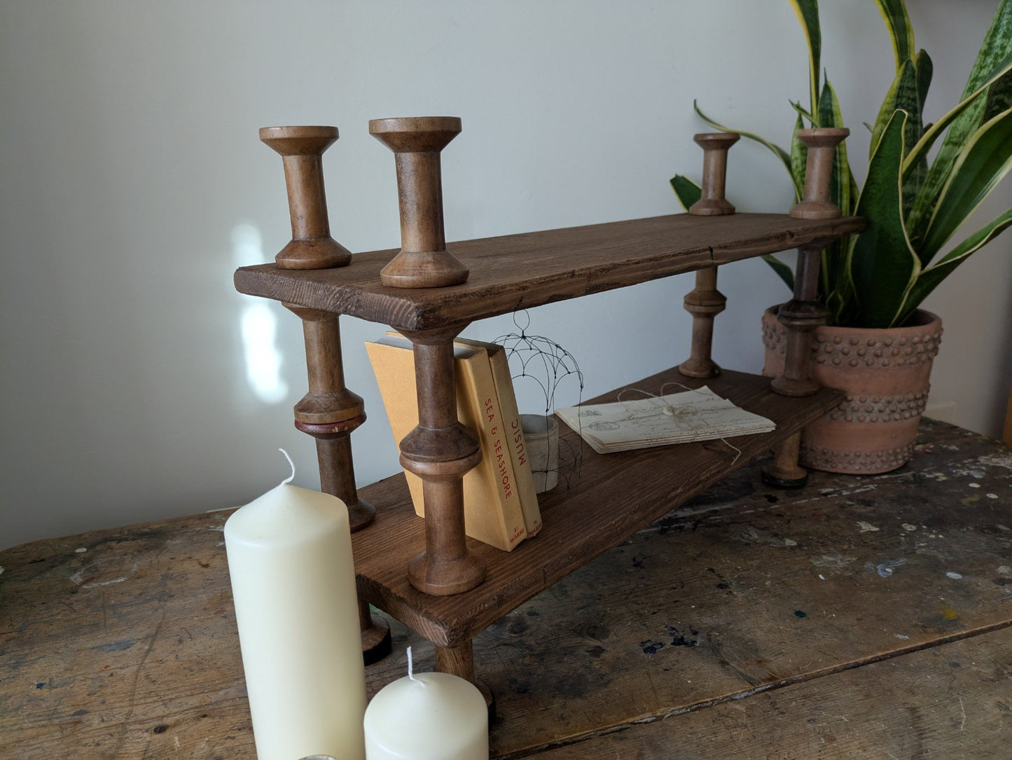Antique Indian Reclaimed Vintage Folk Art Bobbin Spool Shelf Shelves Handmade
