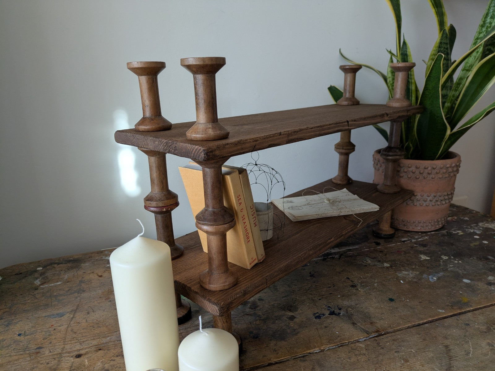 Antique Indian Reclaimed Vintage Folk Art Bobbin Spool Shelf Shelves Handmade
