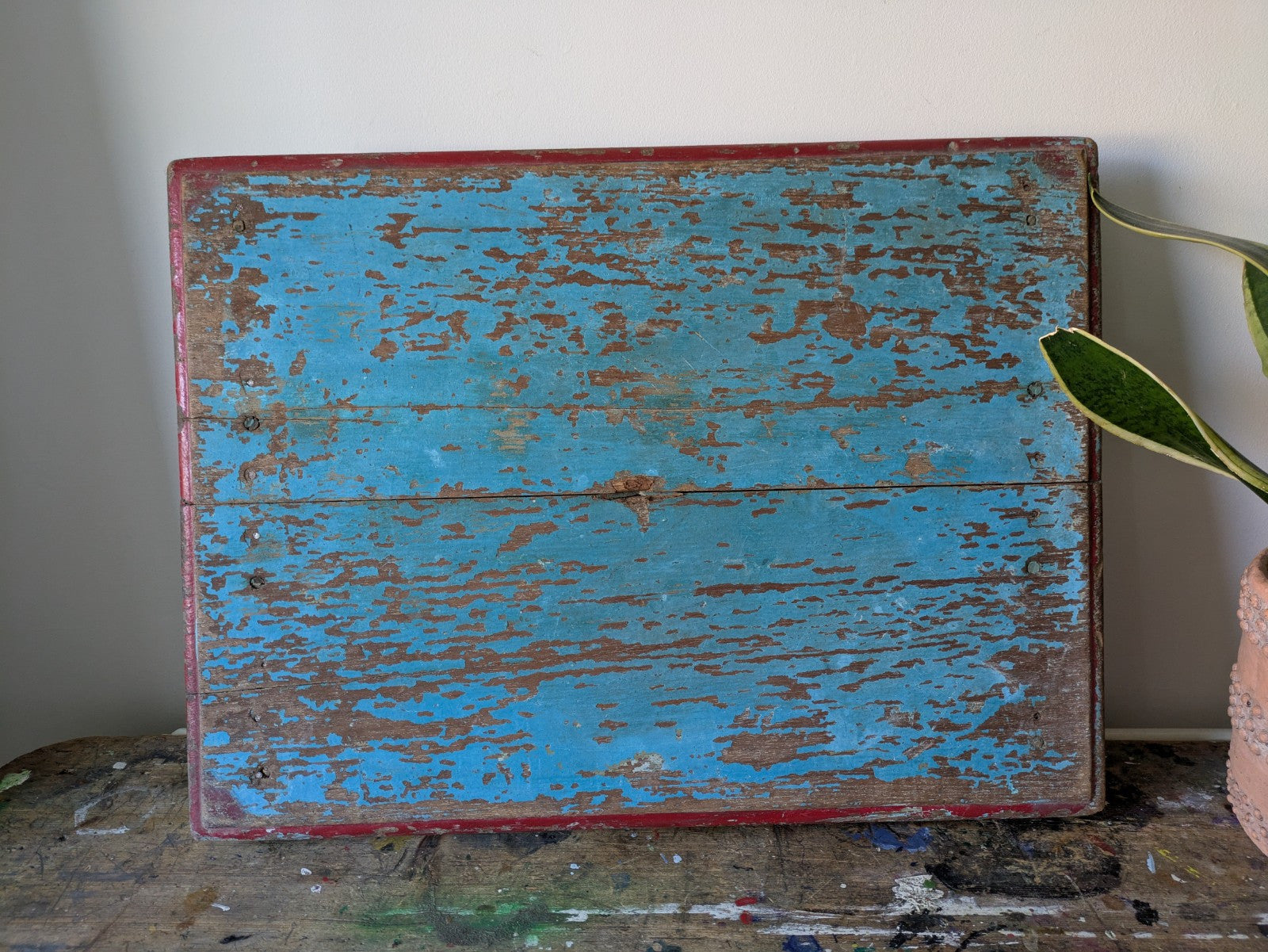 Antique Wooden Bajot Floor Sitting Stool Blue Old Hand Crafted Serving Board Vtg