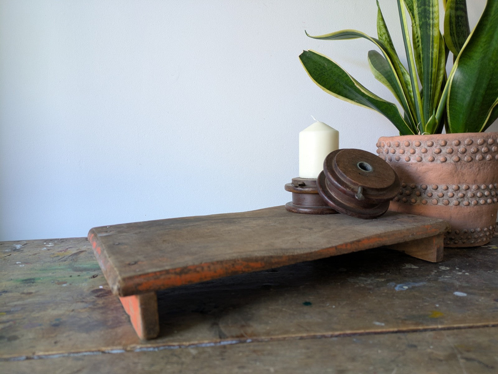 Antique Wooden Bajot Floor Sitting Stool Orange Old Hand Crafted Serving Board
