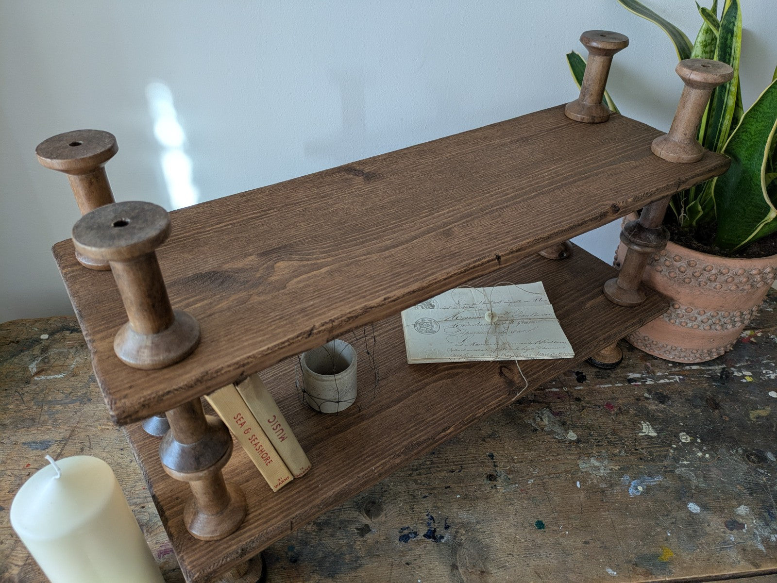 Antique Indian Reclaimed Vintage Folk Art Bobbin Spool Shelf Shelves Handmade
